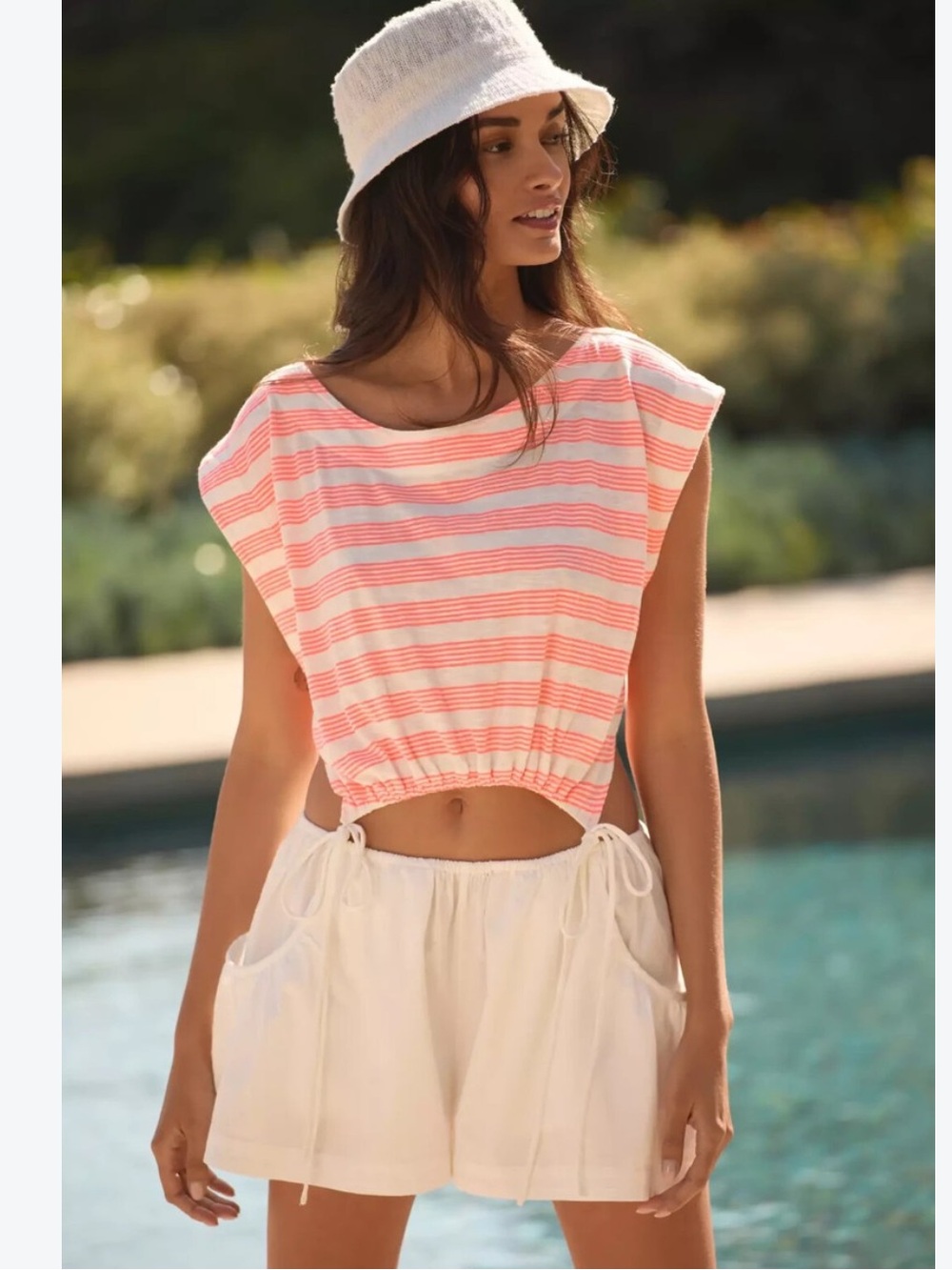 Anthropologie Coral and White Striped Cutout romper